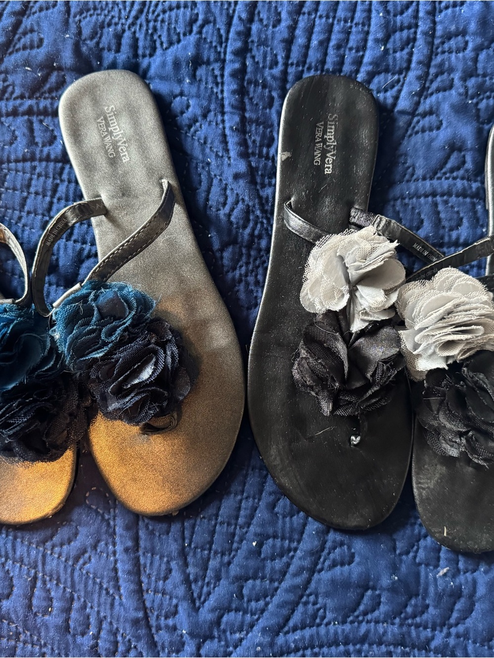 Vera Wang Floral Thong Sandals - Black and Teal